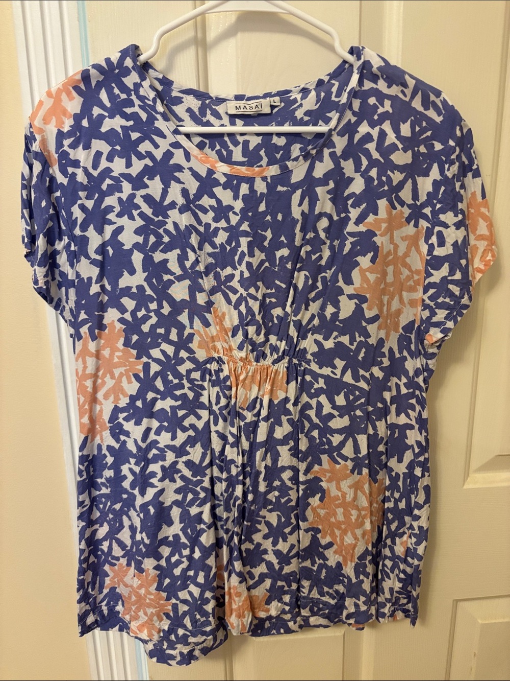 Blue & Coral Printed Short-Sleeve Women's Top